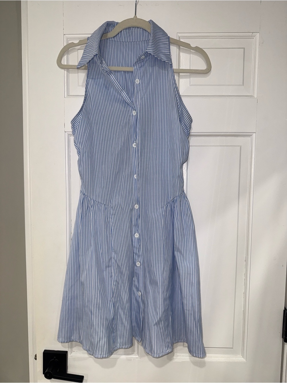 Sleeveless Blue & White Striped Collared Shirt Dress